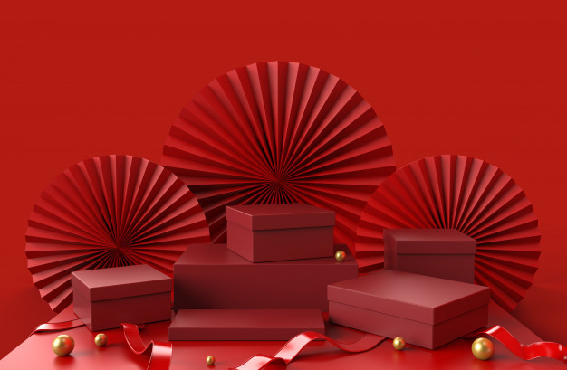 展示豪華產品的包裝的介紹有抽象瓷紙背景和金黃球在地板上,3d的紅色指揮臺禮物盒例證。 優質照片